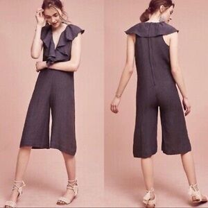 Maria Stanley Anthropologie Cascada Ruffle Jumpsuit, Black Wide Leg Romper, Sz L